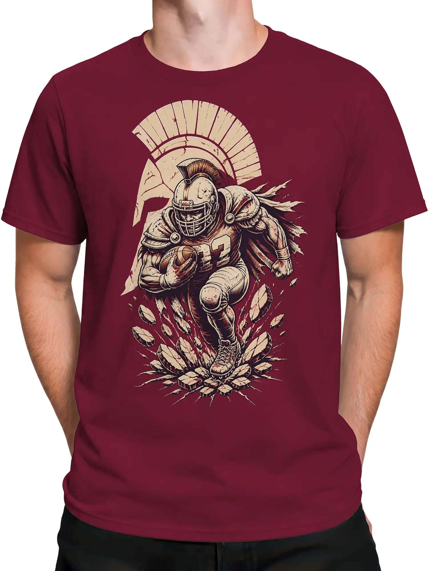 Male torso wearing a burgundy American football T-shirt with Roman gladiator and vintage battle artwork