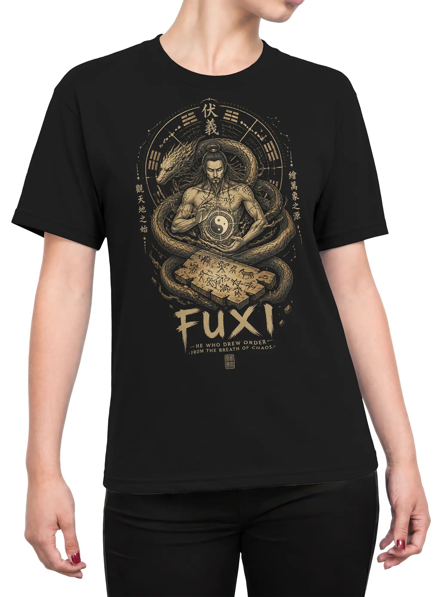 Female torso wearing a black Fuxi mythology shirt with dragon artwork, ancient symbols, and yin-yang design