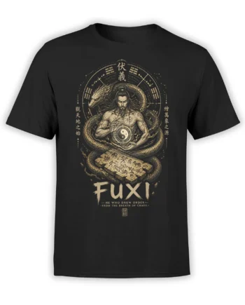 Black Fuxi mythology T-shirt with serpentine dragons, yin-yang symbol, trigrams, and vintage lettering