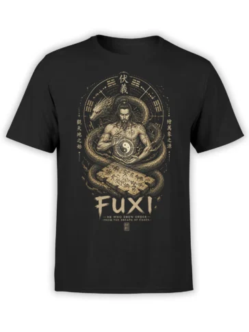 Black Fuxi mythology T-shirt with serpentine dragons, yin-yang symbol, trigrams, and vintage lettering