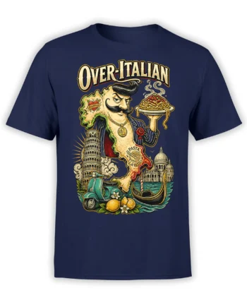 Italian vintage graphic T-shirt with pasta, landmarks, gondola, lemons, and a mustached character on navy