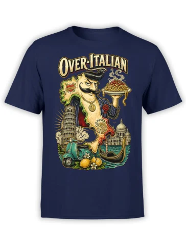 Italian vintage graphic T-shirt with pasta, landmarks, gondola, lemons, and a mustached character on navy