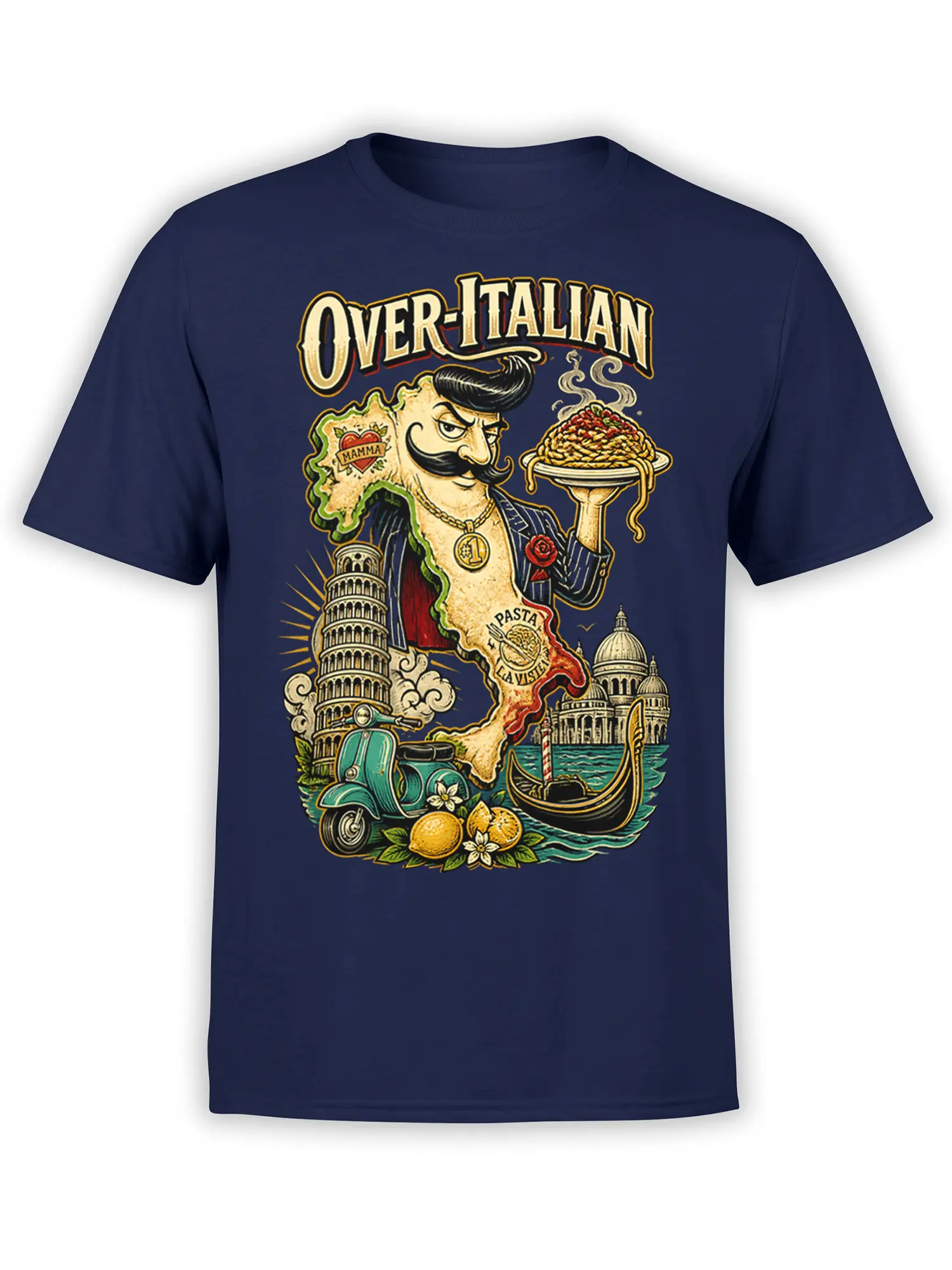 Italian vintage graphic T-shirt with pasta, landmarks, gondola, lemons, and a mustached character on navy
