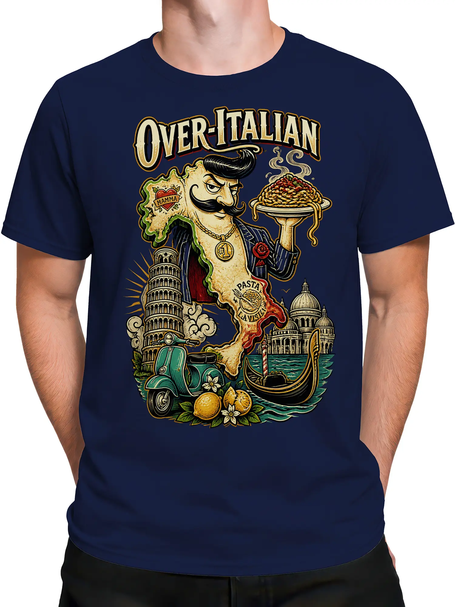 Male torso wearing a navy Italian graphic tee with pasta, landmarks, lemons, and a vintage mustached character