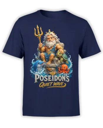 Front view of navy T-shirt with a bearded sea god, golden trident, dolphin, turtle, octopus, and ocean waves