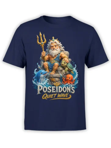 Front view of navy T-shirt with a bearded sea god, golden trident, dolphin, turtle, octopus, and ocean waves