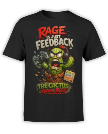 Black T-shirt with an angry cactus wearing headphones and holding a game controller beneath bold gaming text