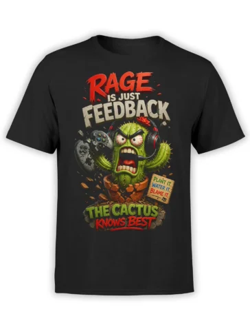 Black T-shirt with an angry cactus wearing headphones and holding a game controller beneath bold gaming text