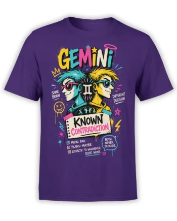 Colorful Gemini twins with sunglasses and “Known Contradiction” lettering on a purple zodiac T-shirt