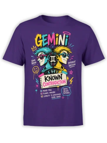 Colorful Gemini twins with sunglasses and “Known Contradiction” lettering on a purple zodiac T-shirt