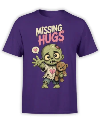 Purple zombie T-shirt with a green child holding a teddy bear and “MISSING HUGS” graphic