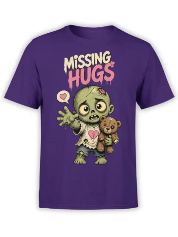 Purple zombie T-shirt with a green child holding a teddy bear and “MISSING HUGS” graphic