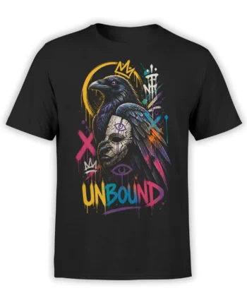 Black T-shirt featuring a crowned raven holding a stone mask with colorful graffiti art and UNBOUND lettering