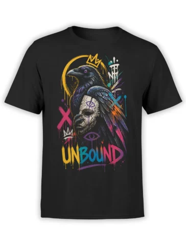 Black T-shirt featuring a crowned raven holding a stone mask with colorful graffiti art and UNBOUND lettering
