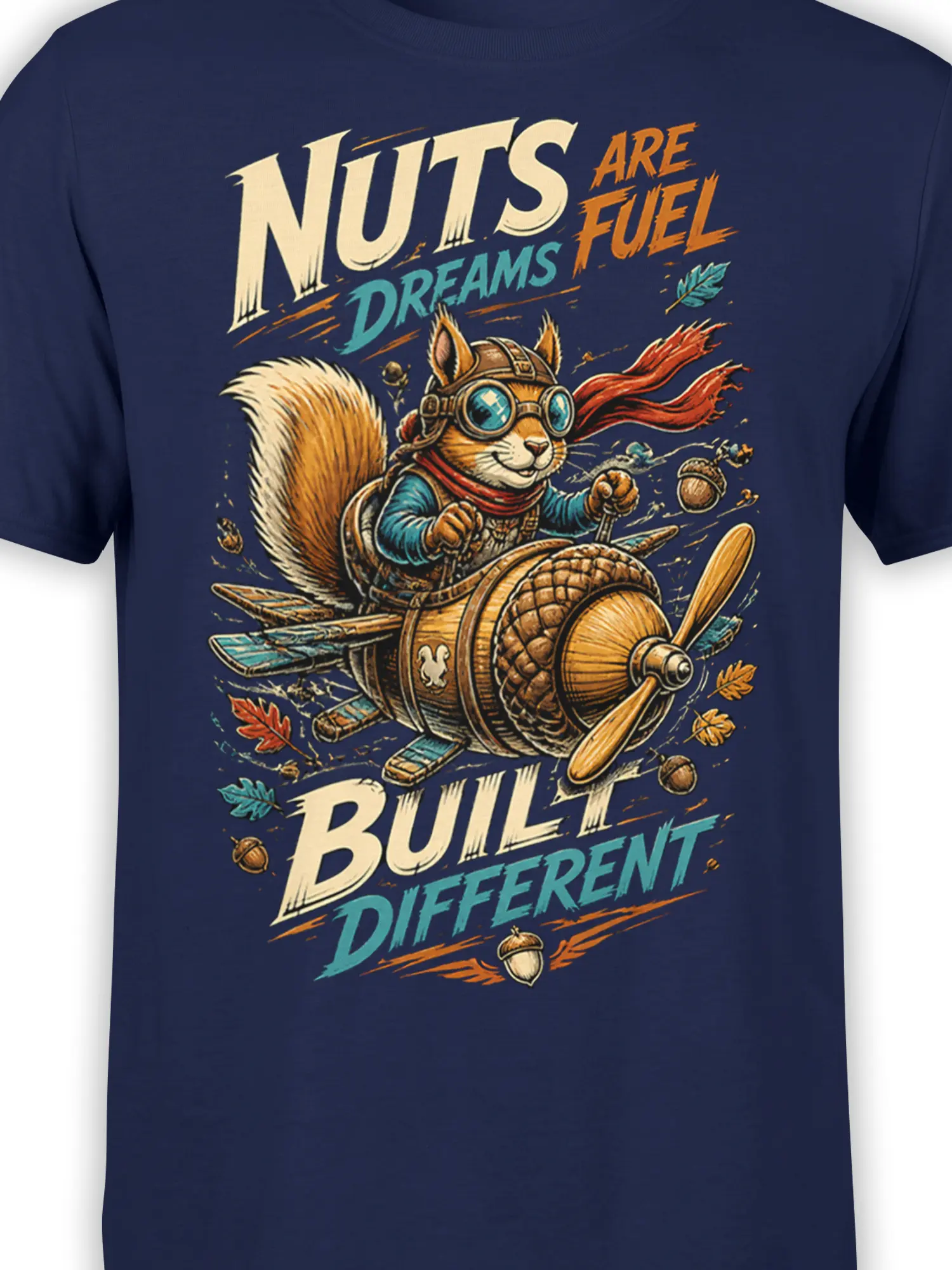 Close-up of squirrel pilot, propeller plane, acorns, and colorful retro lettering on a navy T-shirt