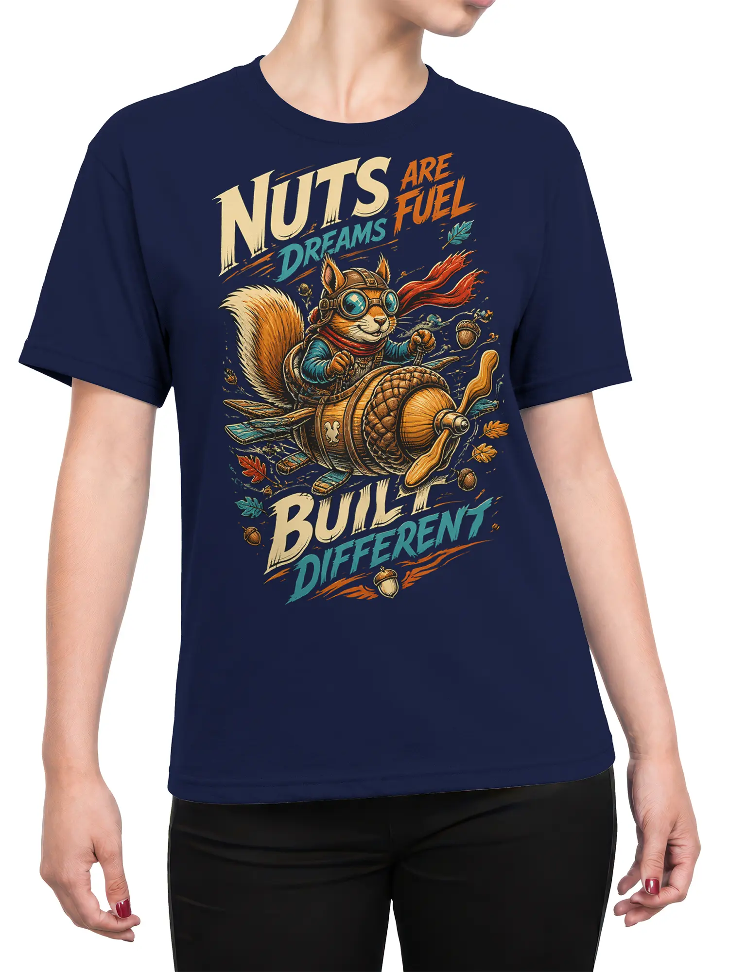 Female torso wearing a navy T-shirt with a vintage squirrel pilot and acorn airplane graphic