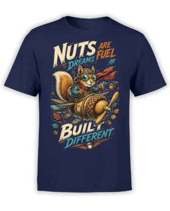 Vintage squirrel pilot in a propeller plane with acorns and bold lettering on a navy squirrel T-shirt