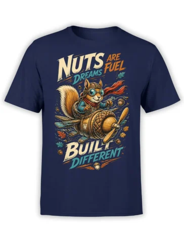 Vintage squirrel pilot in a propeller plane with acorns and bold lettering on a navy squirrel T-shirt