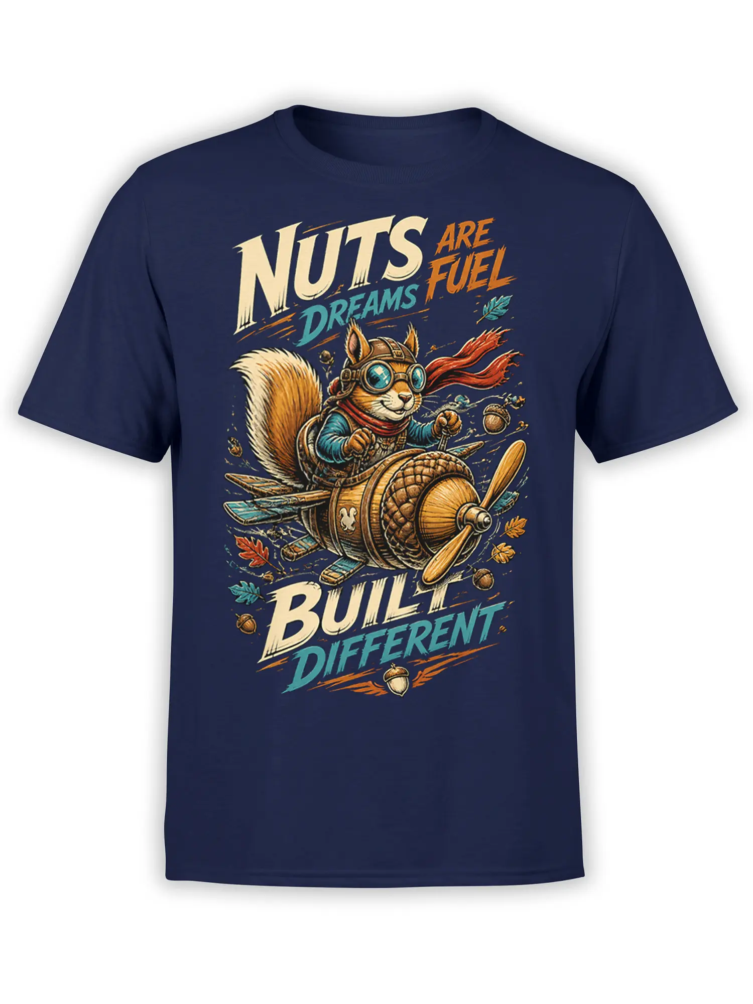 Vintage squirrel pilot in a propeller plane with acorns and bold lettering on a navy squirrel T-shirt