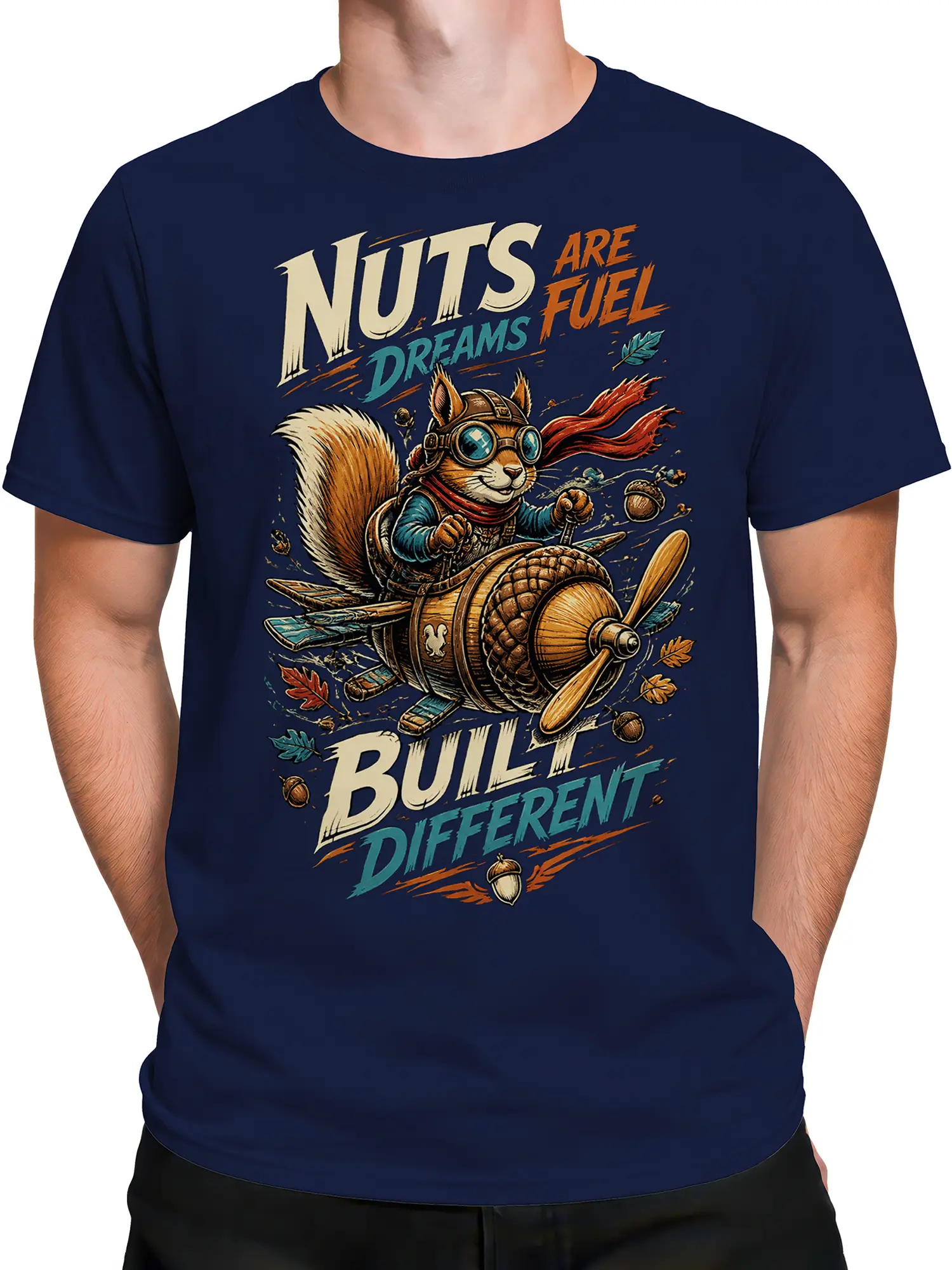 Male torso wearing a navy T-shirt with a squirrel pilot flying an acorn-themed propeller plane