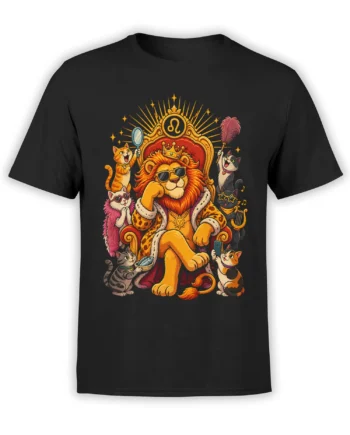 Black T-shirt with crowned lion in sunglasses, royal robe, red throne, and cats surrounding the Leo symbol