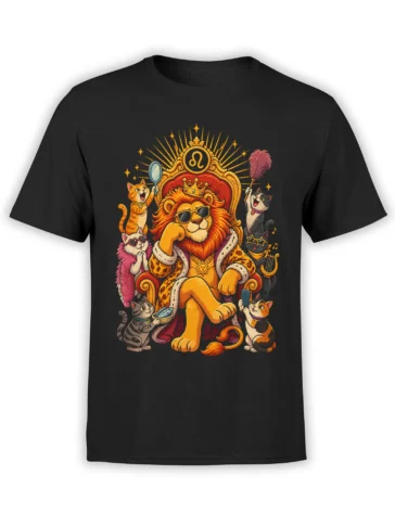 Black T-shirt with crowned lion in sunglasses, royal robe, red throne, and cats surrounding the Leo symbol