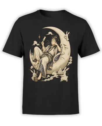 Black T-shirt with a moonlit fantasy illustration of a robed figure, crescent moon, clouds, stars, and rabbits