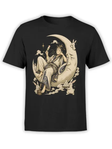 Black T-shirt with a moonlit fantasy illustration of a robed figure, crescent moon, clouds, stars, and rabbits
