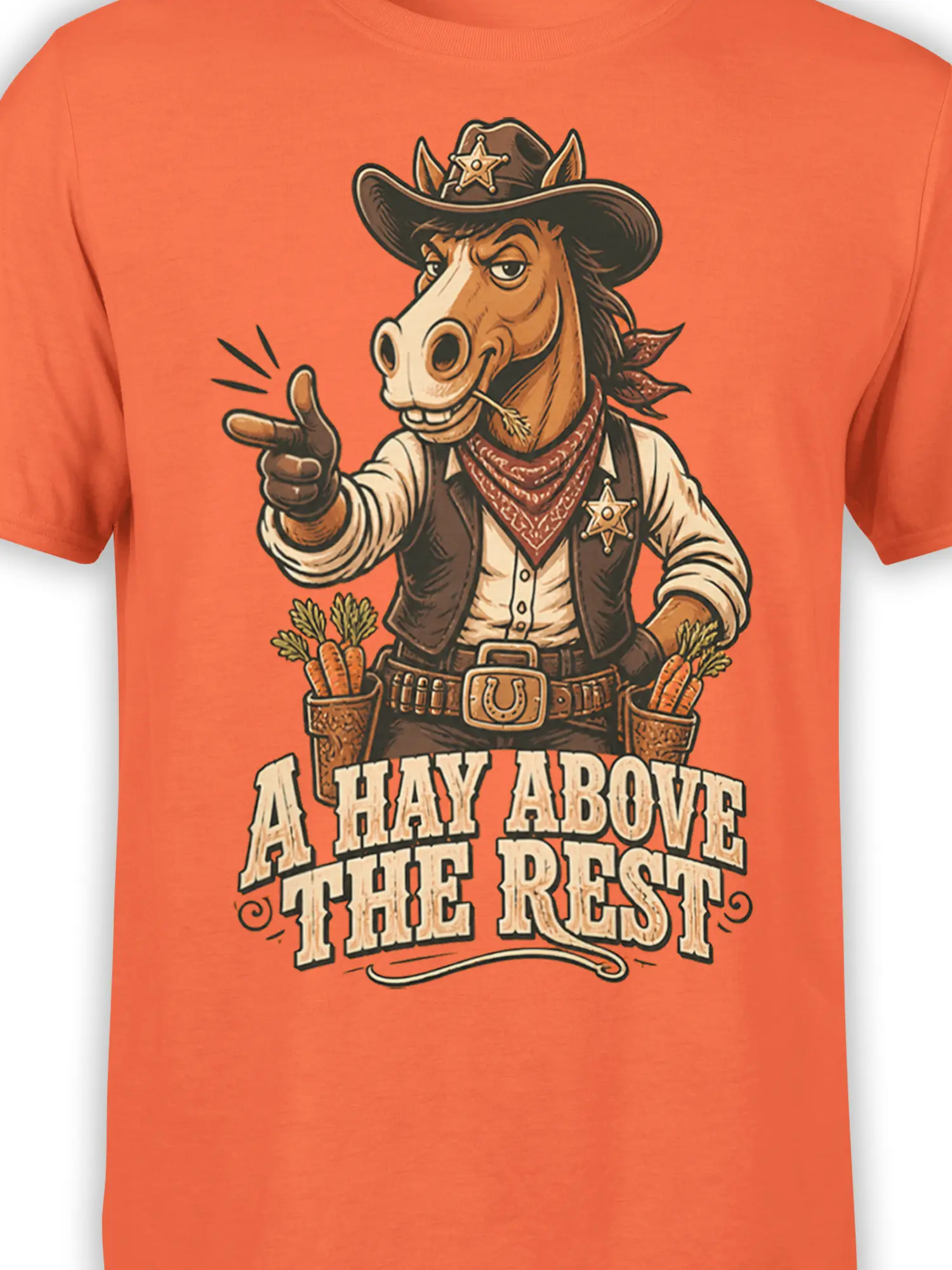 Close-up of sheriff horse artwork with cowboy hat, star badge, carrot holsters, and bold lettering on orange fabric