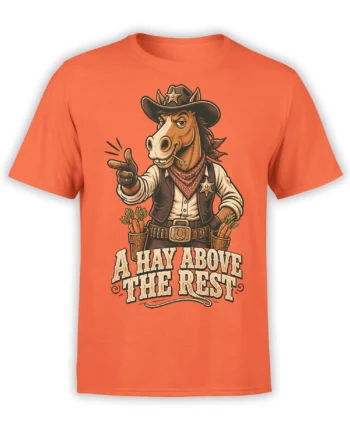 Orange horse T-shirt with a sheriff-style cowboy horse, carrot holsters, and “A HAY ABOVE THE REST” lettering
