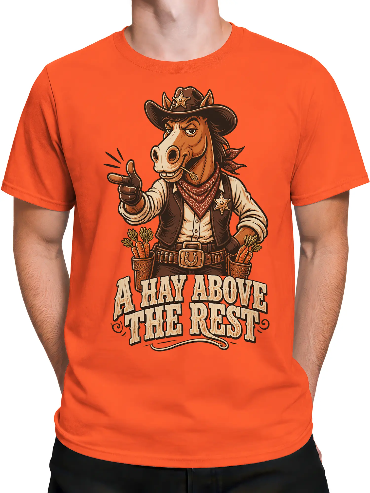 Male torso wearing an orange Western horse tee with sheriff artwork, carrot holsters, and vintage hay humor