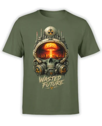 Green T-shirt with a skull gas mask, nuclear mushroom cloud, radiation symbols, and WASTED FUTURE text