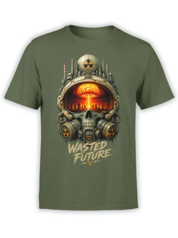 Green T-shirt with a skull gas mask, nuclear mushroom cloud, radiation symbols, and WASTED FUTURE text