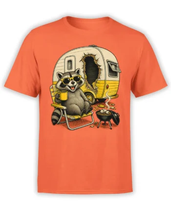 Orange T-shirt with a vintage raccoon wearing sunglasses and holding coffee beside a camper and grill