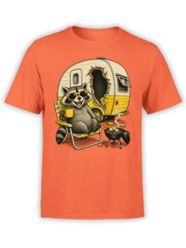 Orange T-shirt with a vintage raccoon wearing sunglasses and holding coffee beside a camper and grill