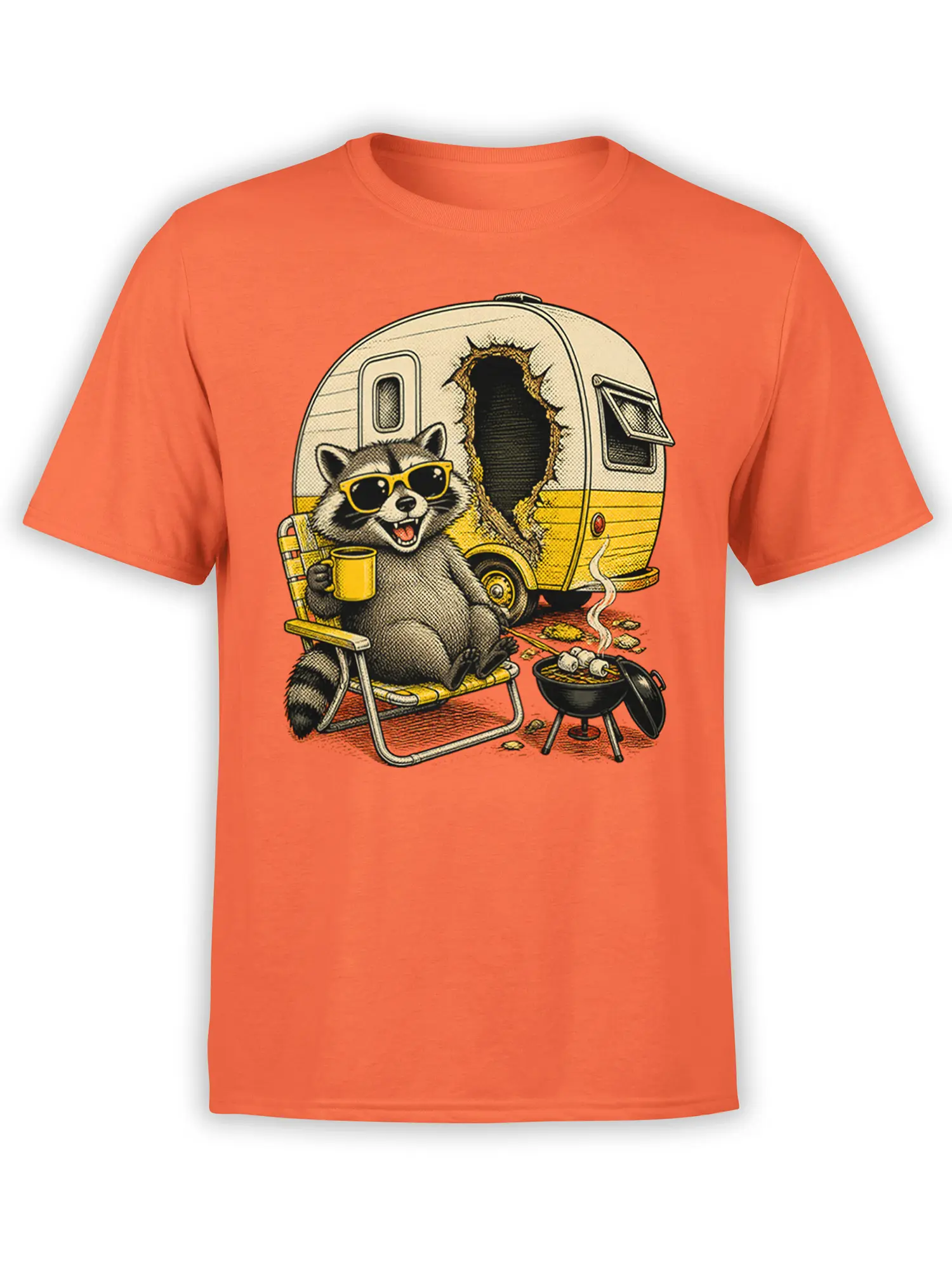 Orange T-shirt with a vintage raccoon wearing sunglasses and holding coffee beside a camper and grill