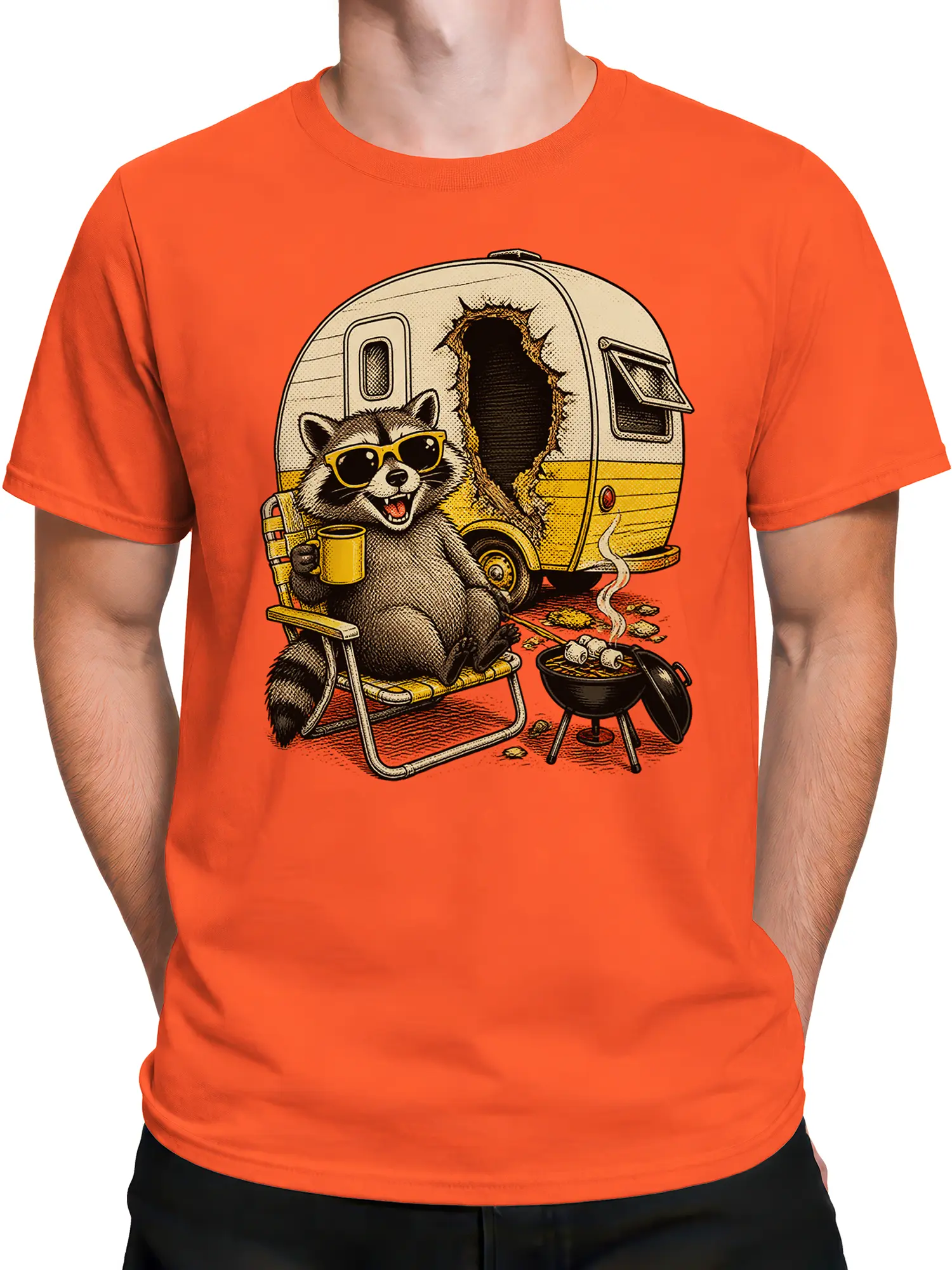 Male torso wearing an orange T-shirt with a vintage raccoon, camper, coffee mug, chair, and grill design