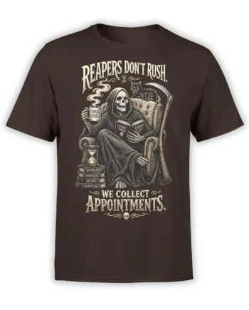 Brown grim reaper T-shirt with a black cat, scythe, hourglass, books, and vintage cream lettering