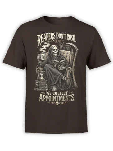 Brown grim reaper T-shirt with a black cat, scythe, hourglass, books, and vintage cream lettering