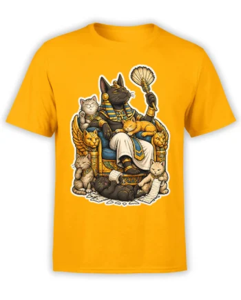 Egyptian-inspired royal cat artwork with a throne, ankh, and smaller cats on a bright yellow T-shirt