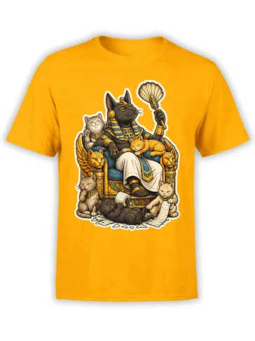 Egyptian-inspired royal cat artwork with a throne, ankh, and smaller cats on a bright yellow T-shirt