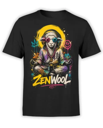 Black T-shirt featuring a meditating sheep with headphones, colorful glasses, peace pendant, and “ZEN WOOL” lettering