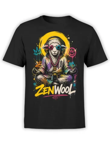 Black T-shirt featuring a meditating sheep with headphones, colorful glasses, peace pendant, and “ZEN WOOL” lettering