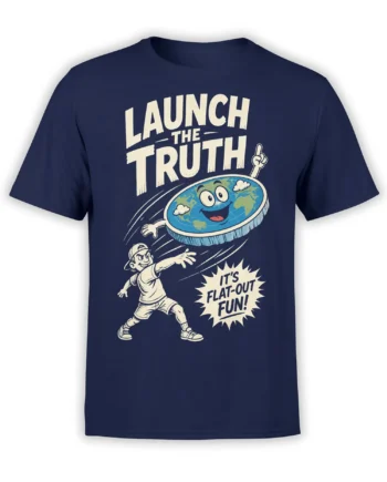 Front view of navy T-shirt with a flying cartoon globe, reaching character, and “Launch the Truth” graphic