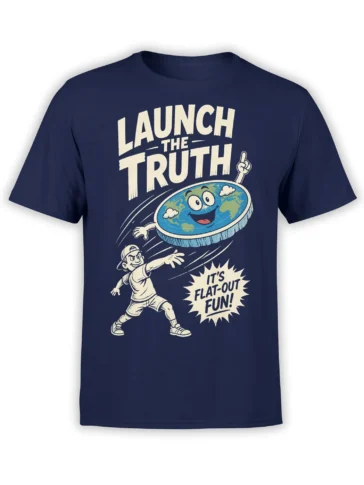 Front view of navy T-shirt with a flying cartoon globe, reaching character, and “Launch the Truth” graphic