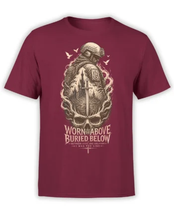 Helmeted soldier and skull sword artwork with oath-inspired text on a burgundy T-shirt