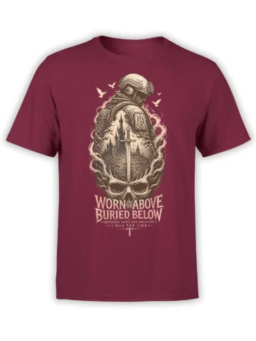 Helmeted soldier and skull sword artwork with oath-inspired text on a burgundy T-shirt