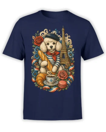 Parisian poodle dog graphic tee in a beret with baguette, Eiffel Tower, flowers, coffee, and pastries on navy
