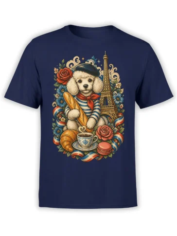 Parisian poodle dog graphic tee in a beret with baguette, Eiffel Tower, flowers, coffee, and pastries on navy