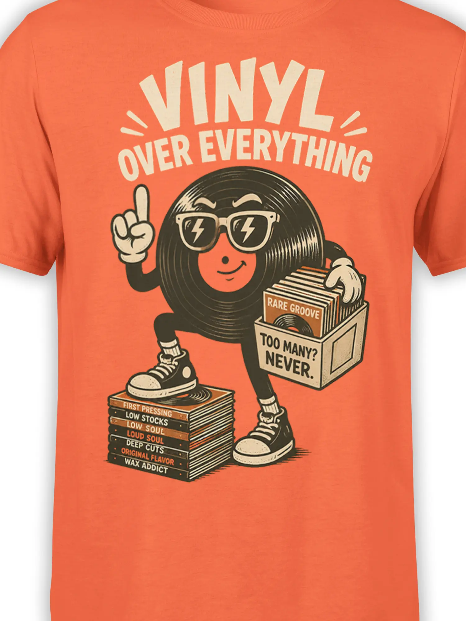 Close-up of the orange vinyl record graphic with lightning sunglasses, rare groove text, and collector details